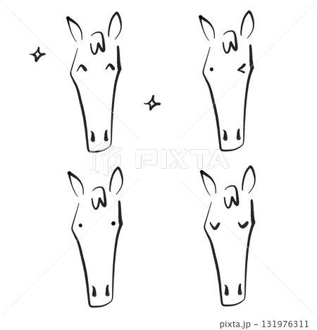 シンプルな馬の顔の表情セット 墨絵・嬉しい・真顔・ウインク・目を閉じる シンプルな馬の顔の表情セット 墨絵・嬉しい・真顔・ウインク・目を閉じる 131976311