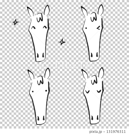 シンプルな馬の顔の表情セット 墨絵・嬉しい・真顔・ウインク・目を閉じる シンプルな馬の顔の表情セット 墨絵・嬉しい・真顔・ウインク・目を閉じる 131976311