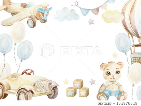 Hot air balloons, wooden airplanes, teddy bear, clouds, text frame. Hand drawn watercolor illustration isolated. Pastel clip art for birthday cards, baby shower invitations, gift certificate covers. 131976319