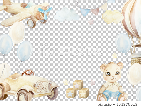 Hot air balloons, wooden airplanes, teddy bear, clouds, text frame. Hand drawn watercolor illustration isolated. Pastel clip art for birthday cards, baby shower invitations, gift certificate covers. 131976319
