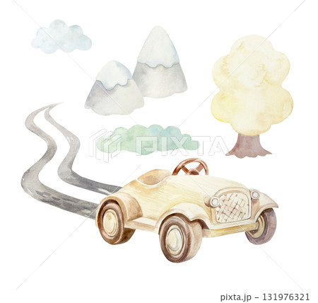 Wooden toy car with road, tree and mountains. Hand drawn watercolor illustration isolated. Pastel clip art for birthday cards, baby shower invitations and nursery posters. 131976321