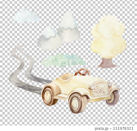 Wooden toy car with road, tree and mountains. Hand drawn watercolor illustration isolated. Pastel clip art for birthday cards, baby shower invitations and nursery posters. 131976321