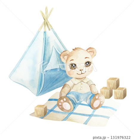 Teddy bear sitting on a blanket with wooden blocks next to a tent. Hand drawn watercolor illustration isolated. Pastel clip art for birthday cards, baby shower invitations and nursery posters. Teddy bear sitting on a blanket with wooden blocks next to a tent. Hand drawn watercolor illustration isolated. Pastel clip art for birthday cards, baby shower invitations and nursery posters. 131976322