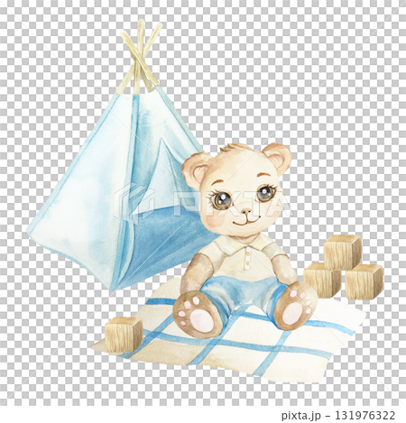 Teddy bear sitting on a blanket with wooden blocks next to a tent. Hand drawn watercolor illustration isolated. Pastel clip art for birthday cards, baby shower invitations and nursery posters. Teddy bear sitting on a blanket with wooden blocks next to a tent. Hand drawn watercolor illustration isolated. Pastel clip art for birthday cards, baby shower invitations and nursery posters. 131976322