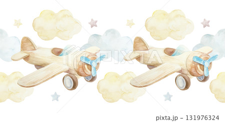 Wooden toy airplane with clouds and stars seamless border. Hand drawn watercolor illustration isolated. Pastel clip art for birthday cards, baby shower invitations and nursery wallpapers. 131976324