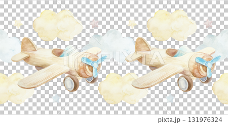 Wooden toy airplane with clouds and stars seamless border. Hand drawn watercolor illustration isolated. Pastel clip art for birthday cards, baby shower invitations and nursery wallpapers. 131976324