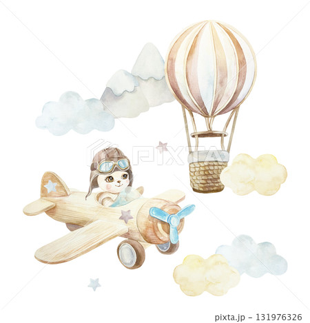 Teddy bear flying on an airplane, hot air balloon, clouds. Hand drawn watercolor illustration isolated. Pastel clip art for birthday cards, baby shower invitations, nursery posters. 131976326