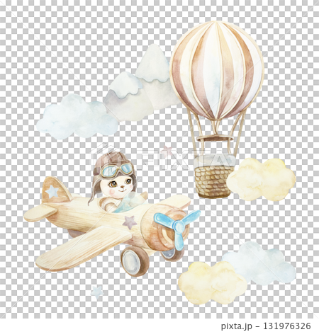 Teddy bear flying on an airplane, hot air balloon, clouds. Hand drawn watercolor illustration isolated. Pastel clip art for birthday cards, baby shower invitations, nursery posters. 131976326