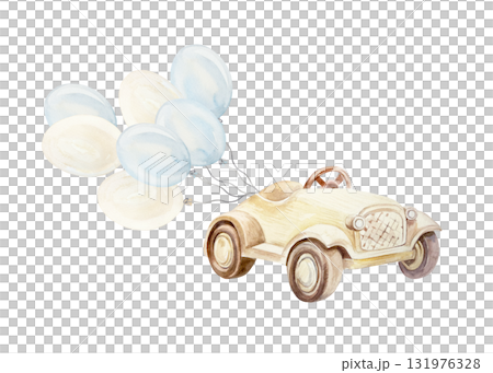 Wooden toy car and balloons. Hand drawn watercolor illustration isolated. Pastel clip art for birthday cards, baby shower invitations, nursery posters. Wooden toy car and balloons. Hand drawn watercolor illustration isolated. Pastel clip art for birthday cards, baby shower invitations, nursery posters. 131976328