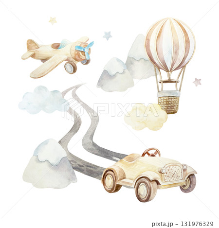 Wooden car, road, hot air balloon, airplane, mountains. Hand drawn watercolor illustration isolated. Pastel clip art for birthday cards, baby shower invitations, nursery posters. Wooden car, road, hot air balloon, airplane, mountains. Hand drawn watercolor illustration isolated. Pastel clip art for birthday cards, baby shower invitations, nursery posters. 131976329