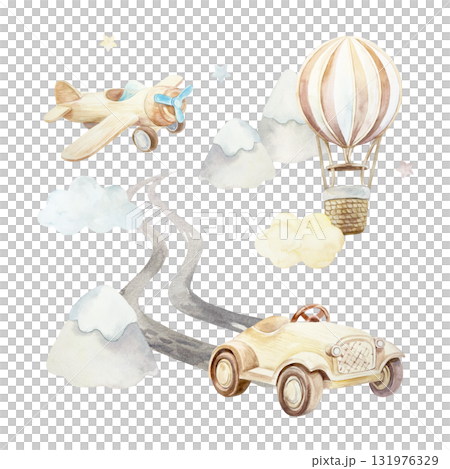 Wooden car, road, hot air balloon, airplane, mountains. Hand drawn watercolor illustration isolated. Pastel clip art for birthday cards, baby shower invitations, nursery posters. Wooden car, road, hot air balloon, airplane, mountains. Hand drawn watercolor illustration isolated. Pastel clip art for birthday cards, baby shower invitations, nursery posters. 131976329