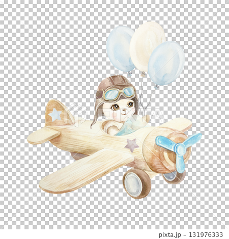 Teddy bear flying in an airplane with balloons. Hand drawn watercolor illustration isolated. Pastel clip art for birthday cards, baby shower invitations and nursery posters. 131976333