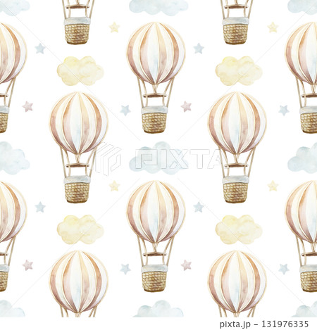Hot air balloons, clouds and stars seamless pattern. Hand drawn watercolor illustration. Pastel clip art for birthday cards, baby shower invitations, nursery wallpaper, textiles, wrapping paper. Hot air balloons, clouds and stars seamless pattern. Hand drawn watercolor illustration. Pastel clip art for birthday cards, baby shower invitations, nursery wallpaper, textiles, wrapping paper. 131976335