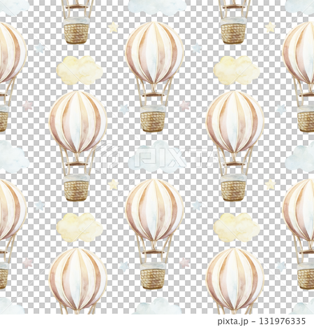 Hot air balloons, clouds and stars seamless pattern. Hand drawn watercolor illustration. Pastel clip art for birthday cards, baby shower invitations, nursery wallpaper, textiles, wrapping paper. Hot air balloons, clouds and stars seamless pattern. Hand drawn watercolor illustration. Pastel clip art for birthday cards, baby shower invitations, nursery wallpaper, textiles, wrapping paper. 131976335