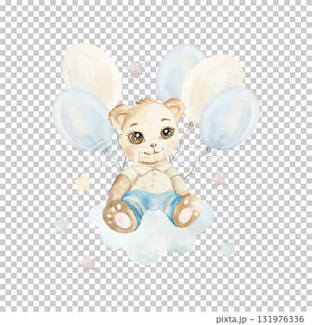 Teddy bear sitting on a cloud with balloons. Hand drawn watercolor illustration isolated. Pastel clip art for birthday cards, baby shower invitations and nursery posters. 131976336