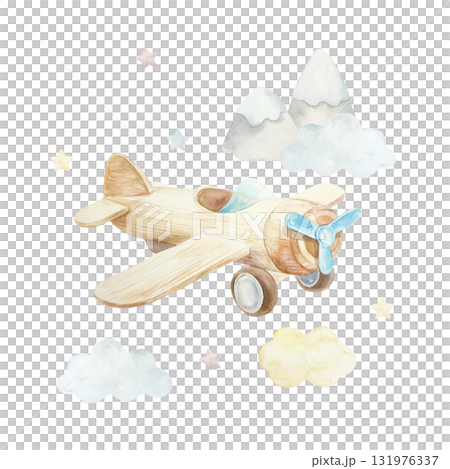 Wooden toy airplane flying with clouds and stars. Hand drawn watercolor illustration isolated. Rustic clip art for birthday cards, baby shower invitations and nursery posters. 131976337