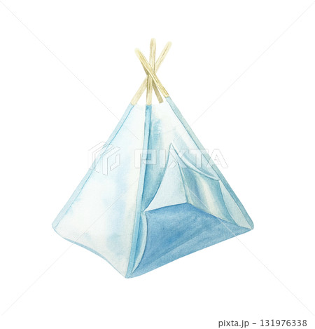 Blue teepee tent for childrens play. Hand drawn watercolor illustration isolated. Pastel clip art for birthday cards, baby shower invitations and nursery posters. Blue teepee tent for childrens play. Hand drawn watercolor illustration isolated. Pastel clip art for birthday cards, baby shower invitations and nursery posters. 131976338