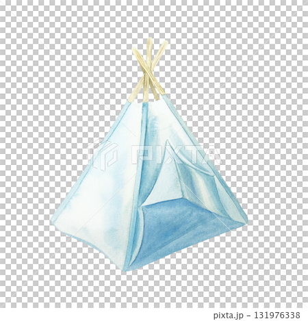 Blue teepee tent for childrens play. Hand drawn watercolor illustration isolated. Pastel clip art for birthday cards, baby shower invitations and nursery posters. Blue teepee tent for childrens play. Hand drawn watercolor illustration isolated. Pastel clip art for birthday cards, baby shower invitations and nursery posters. 131976338