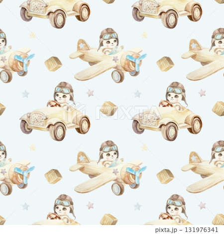 Teddy bear flying on an airplane and a teddy bear in a car seamless pattern. Hand drawn watercolor illustration. Clip art for birthday cards, baby shower invitations, nursery wallpaper, textiles. 131976341
