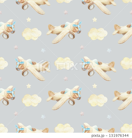 Wooden toy airplane with clouds and stars seamless pattern. Hand drawn watercolor illustration. Pastel clip art for birthday cards, baby shower invitations, nursery wallpaper and newborn textiles. 131976344