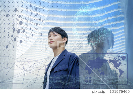 DX デジタルイメージ 未来を見つめる若い男性のポートレート DX デジタルイメージ 未来を見つめる若い男性のポートレート 131976460