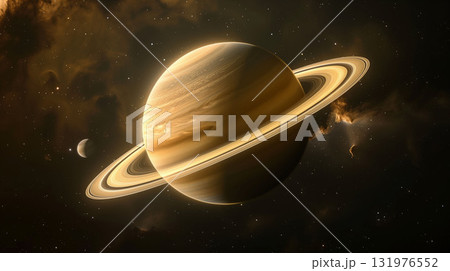宇宙空間に浮かぶ壮大な土星の姿　神秘的で美しいリングを持つ惑星のグラフィック素材 131976552