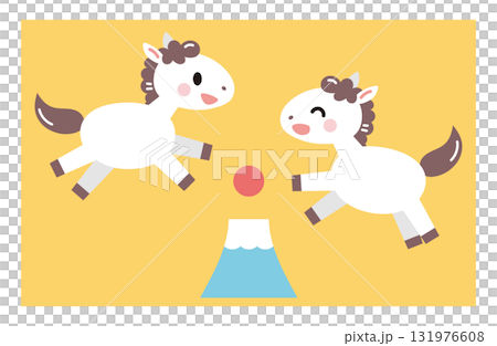 Illustration of two white horses playing with Mount Fuji, Year of the Horse, New Year's material, First sunrise 131976608