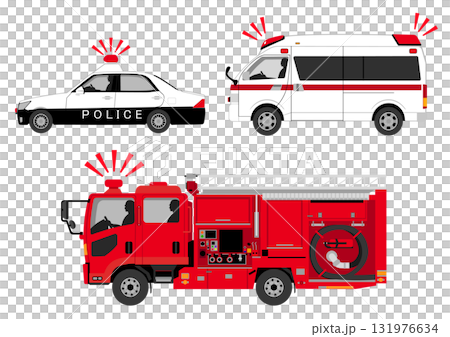Emergency vehicles, including police cars, ambulances, and fire engines, all blaring sirens 131976634