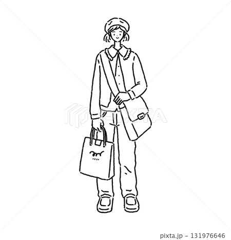 ベレー帽を被ったかわいい女性　線画 131976646
