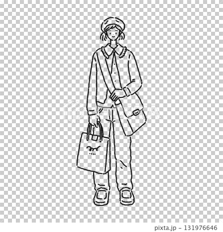 戴著貝雷帽的可愛女子線條畫 131976646