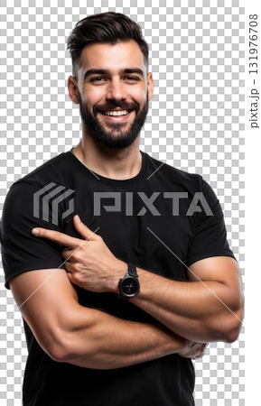Black T-Shirt Confidence Fit man with trimmed beard wearing black T-shirt, pointing at himself while smiling, studio setup, white background Black T-Shirt Confidence Fit man with trimmed beard wearing black T-shirt, pointing at himself while smiling, studio setup, white background 131976708