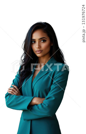 A South Asian female entrepreneur in rich teal, standing with a sharp gaze and arms crossed, surrounded by a digital 131976724