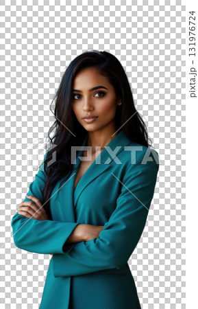 A South Asian female entrepreneur in rich teal, standing with a sharp gaze and arms crossed, surrounded by a digital 131976724