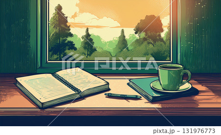 森を望む窓際の机上のイラスト 森を望む窓際の机上のイラスト 131976773