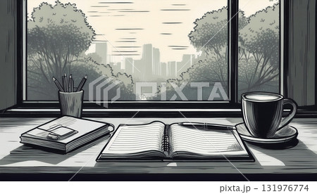 森を望む窓際の机上のイラスト 森を望む窓際の机上のイラスト 131976774