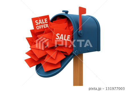 Red sale envelopes overflowing from blue mailbox represent special sale offer and discount promotion, creating sense of urgency and excitement for limited time event Red sale envelopes overflowing from blue mailbox represent special sale offer and discount promotion, creating sense of urgency and excitement for limited time event 131977003