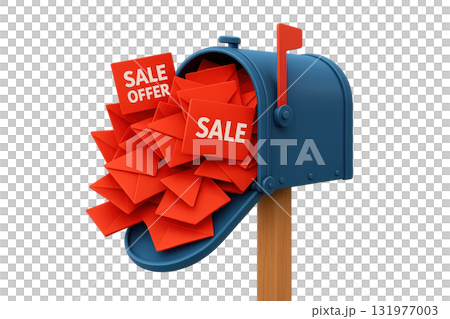 Red sale envelopes overflowing from blue mailbox represent special sale offer and discount promotion, creating sense of urgency and excitement for limited time event Red sale envelopes overflowing from blue mailbox represent special sale offer and discount promotion, creating sense of urgency and excitement for limited time event 131977003