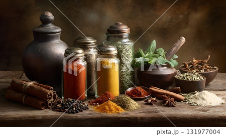 spices and herbs on rustic table realistic style 131977004