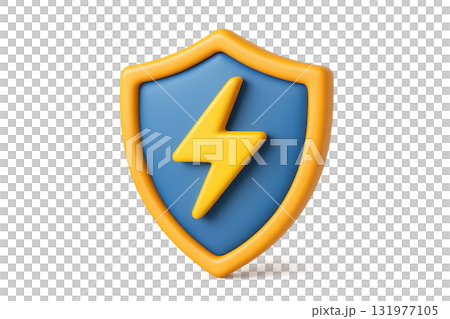 3D shield with yellow lightning bolt symbol blue background and orange border representing protection energy and safety suitable for insurance security or natural disaster concepts 131977105