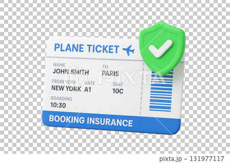 Plane ticket with floating green shield booking insurance travel protection flight boarding pass secure journey Paris destination New York departure digital concept safe trip 131977117