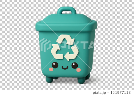 Cute recycle bin with kawaii face teal color recycling arrows symbol waste management cheerful expression environmental concept plastic container isolated on transparency background 131977118