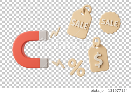 3d sale magnet attracts discount tag percent and dollar symbol in beige and orange color playful style for shopping promotion and marketing concept 131977134