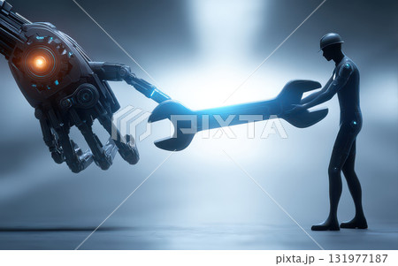 Human and robot collaborate using large wrench in futuristic factory, highlighting automation and skills in advanced technology, teamwork, and innovation for efficient industrial solutions Human and robot collaborate using large wrench in futuristic factory, highlighting automation and skills in advanced technology, teamwork, and innovation for efficient industrial solutions 131977187