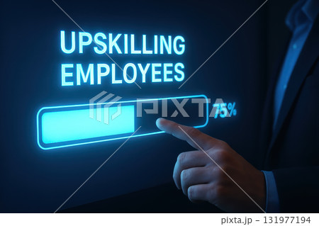 Upskilling employees progress bar shows automation and skills development in workplace training with digital technology for workforce improvement and future readiness Upskilling employees progress bar shows automation and skills development in workplace training with digital technology for workforce improvement and future readiness 131977194