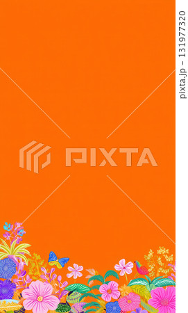 Colorful mexican folk art inspired floral border with vibrant flowers butterfly and bird on bright orange background creates cheerful decorative design for festive occasions 131977320