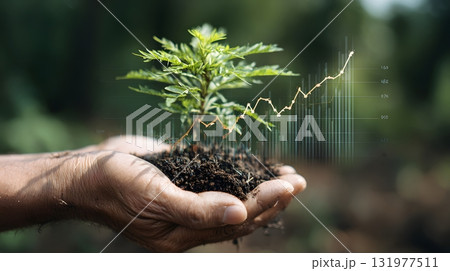 Plant in hand with growth graph overlay 131977511