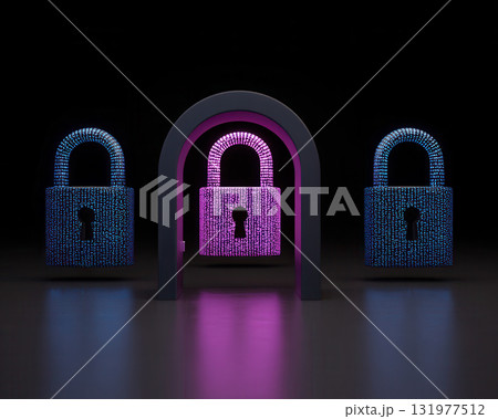 Quantum cryptography enhances security with digital padlock symbols glowing in blue and purple, representing advanced encryption and protection in futuristic dark setting 131977512