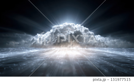 Quantum technology inspires futuristic cloud with radiant light beams symbolizing cryptography and security in digital data transmission and protection Quantum technology inspires futuristic cloud with radiant light beams symbolizing cryptography and security in digital data transmission and protection 131977515