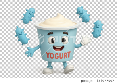 3d medical yogurt cup character with smiling face surrounded by friendly blue probiotic bacteria on transparency background, healthy dairy product concept, cheerful and playful mood 131977597