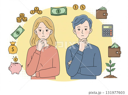 家計やお金に悩む男女・貯金と資産管理のイメージイラスト 131977603
